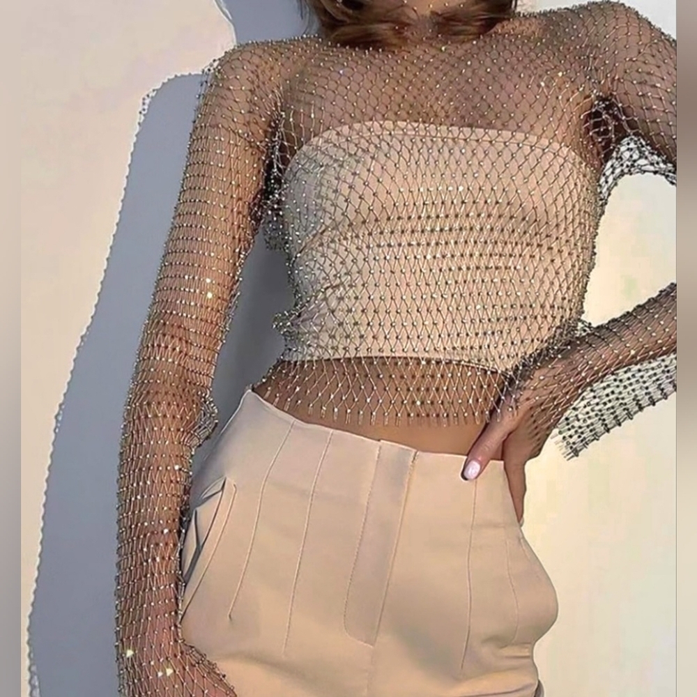 Gold Rhinestones Mesh Metallic Crop Top Bell Sleeve Sexy Glam Festival One Size